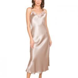 Lady Avenue Pure Silk Long Nightgown With Lace Pärlvit silke X-Large Dam