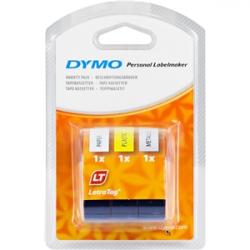 DYMO LetraTAG plasttejp, 3-pack gul/silver/vit, 12mm, 4m